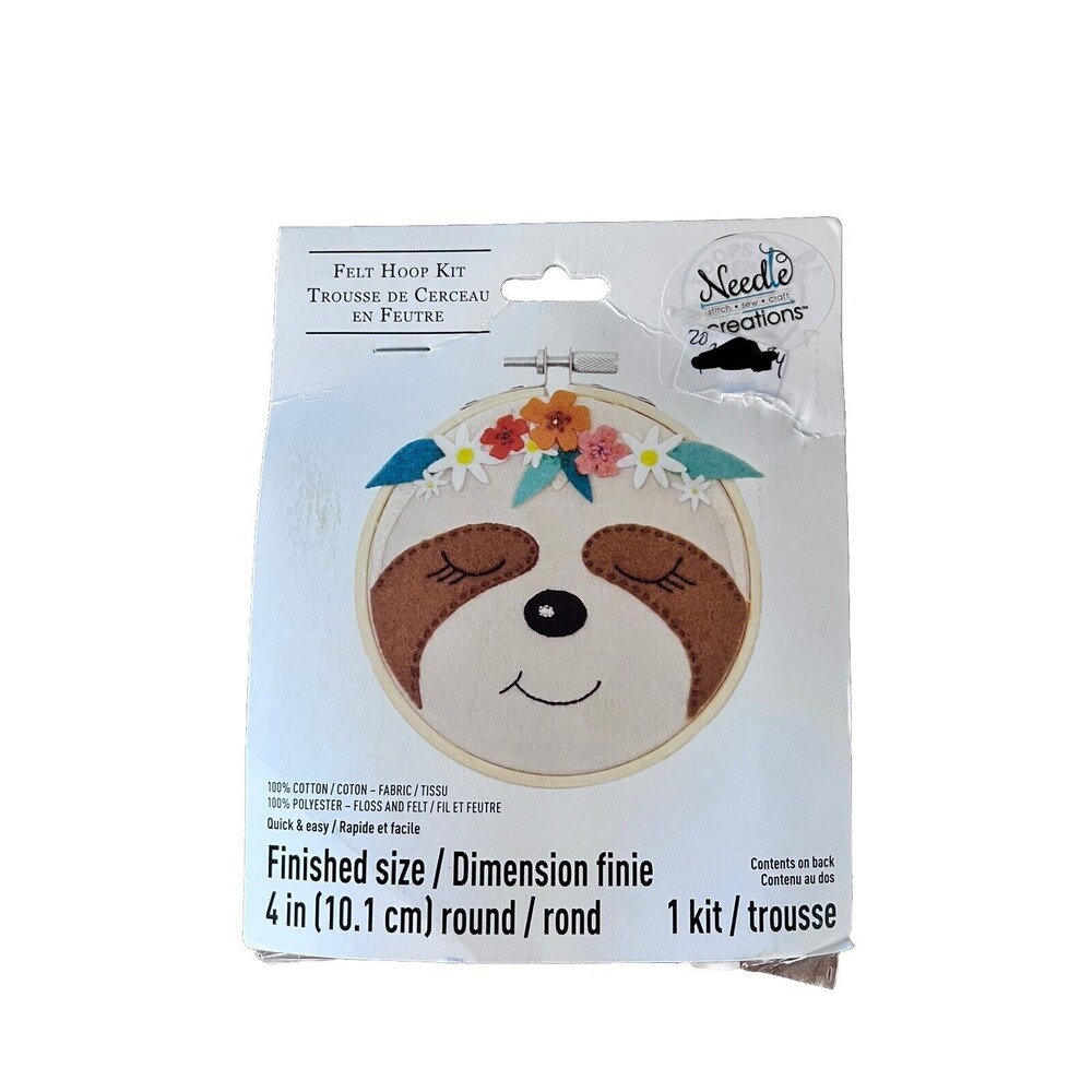 NEW Felt Hoop Kit Sloth Needle Creation Kit 4in Craft Cotton Fabric Animal